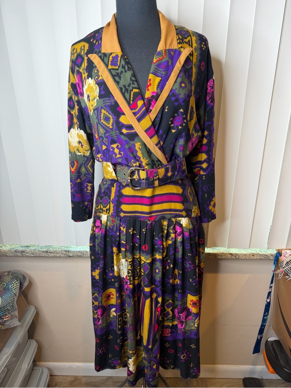 Vintage 1980s John Roberts drop-waist midi dress colorful abstract SZ 5/6